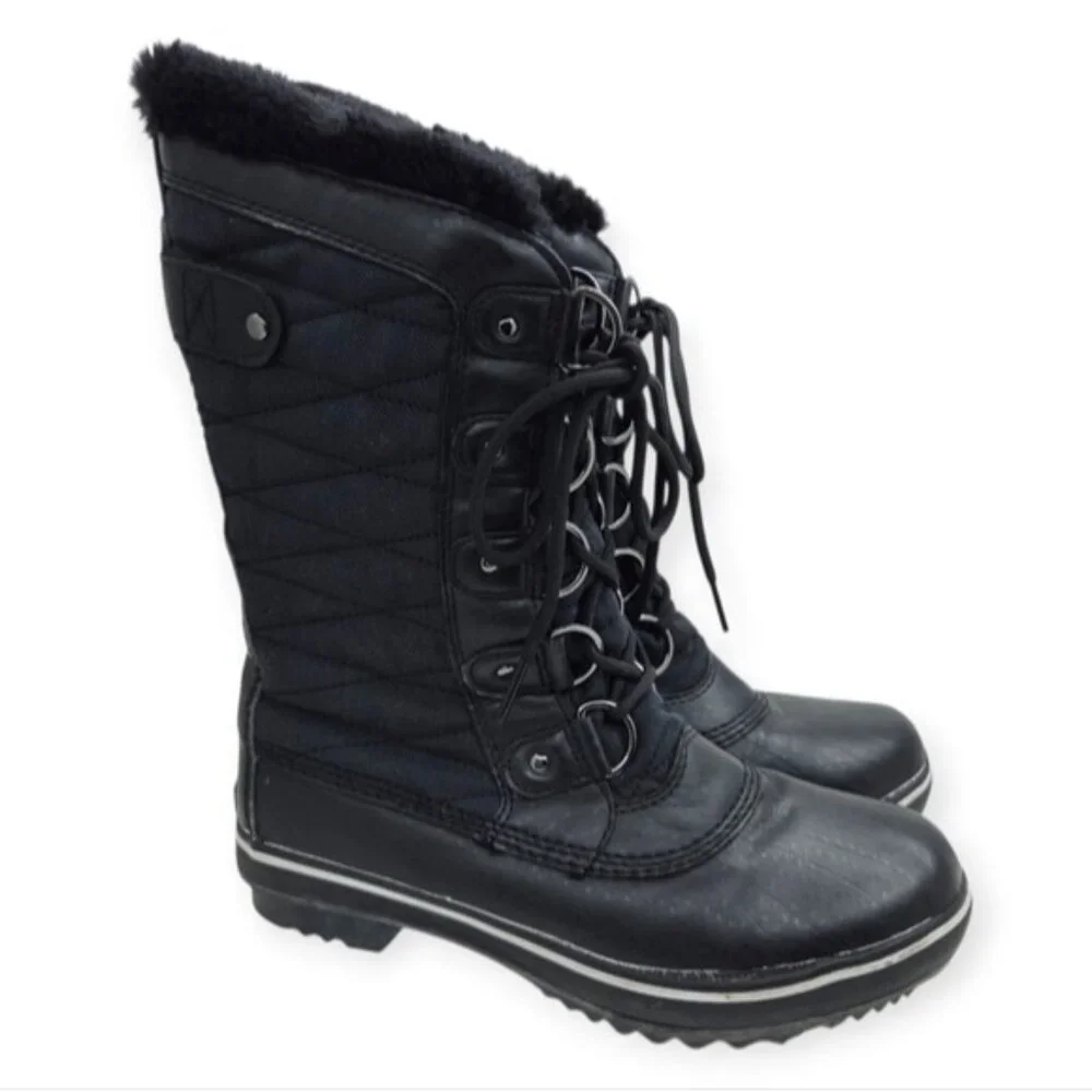 JBU Lorna Black Faux Fur Lined Quilted Lace Up Winter Snow Boots Women's Size 6